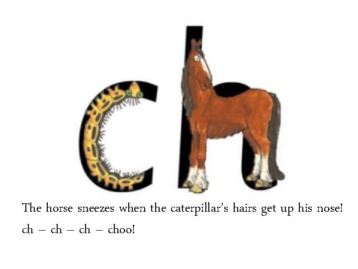 The horse sneezes when the caterpillar’s hairs get up his nose! ch – choo!