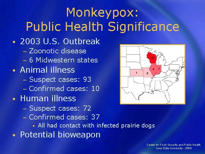 Monkeypox: Public Health Significance • 2003 U. S. Outbreak Zoonotic disease − 6 Midwestern