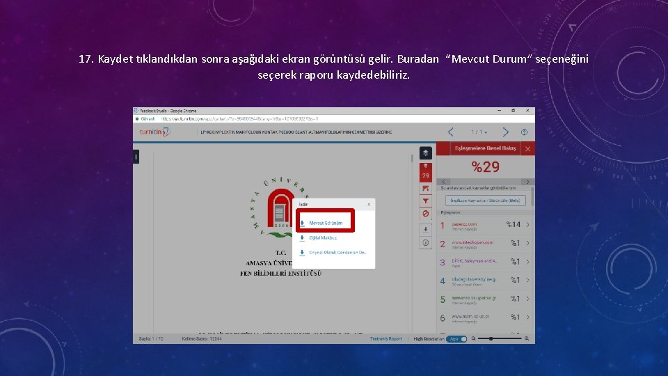 17. Kaydet tıklandıkdan sonra aşağıdaki ekran görüntüsü gelir. Buradan “Mevcut Durum” seçeneğini seçerek raporu