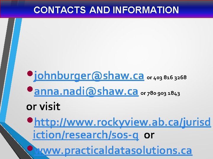 CONTACTS AND INFORMATION • johnburger@shaw. ca • anna. nadi@shaw. ca or 403 816 3268