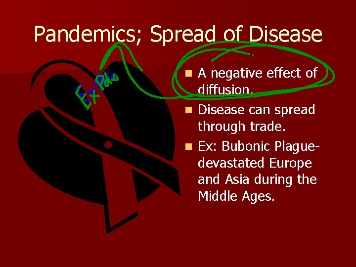 Pandemics; Spread of Disease A negative effect of diffusion. n Disease can spread through