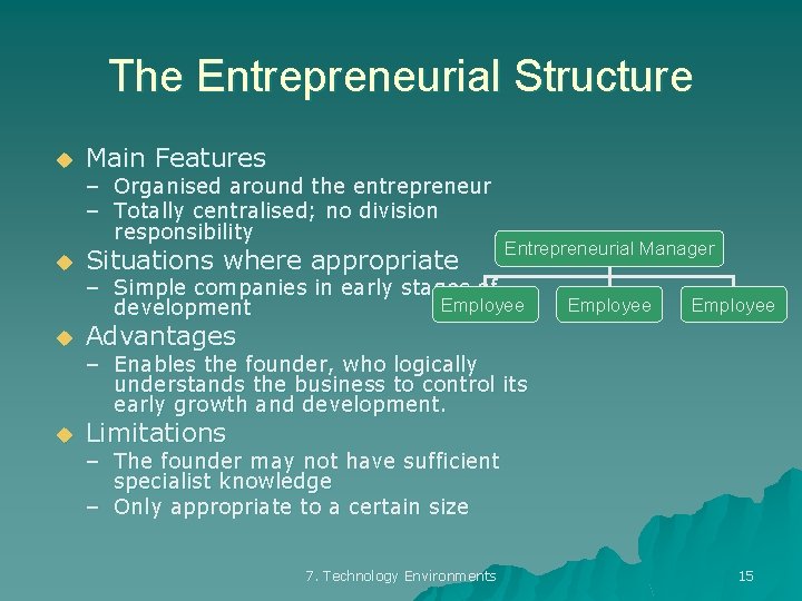 The Entrepreneurial Structure u Main Features u Situations where appropriate – Organised around the