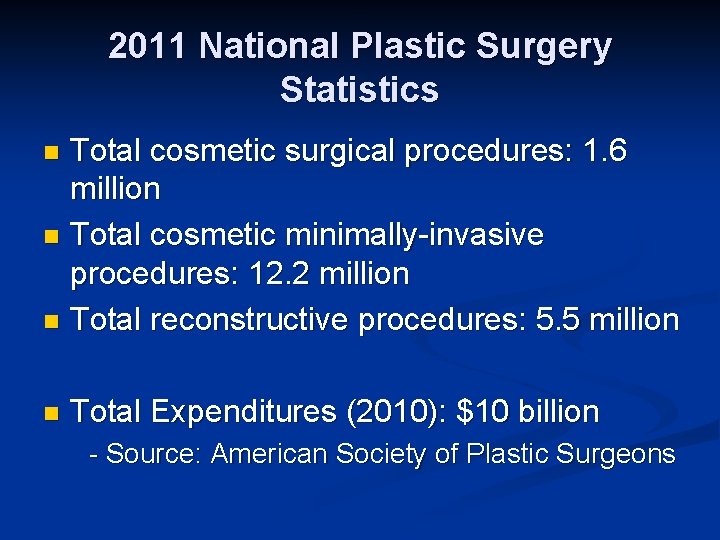 2011 National Plastic Surgery Statistics Total cosmetic surgical procedures: 1. 6 million n Total