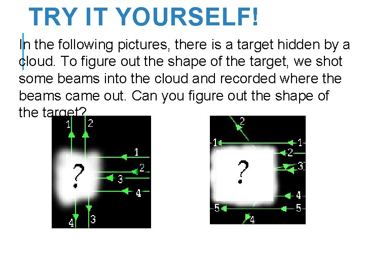 TRY IT YOURSELF! In the following pictures, there is a target hidden by a
