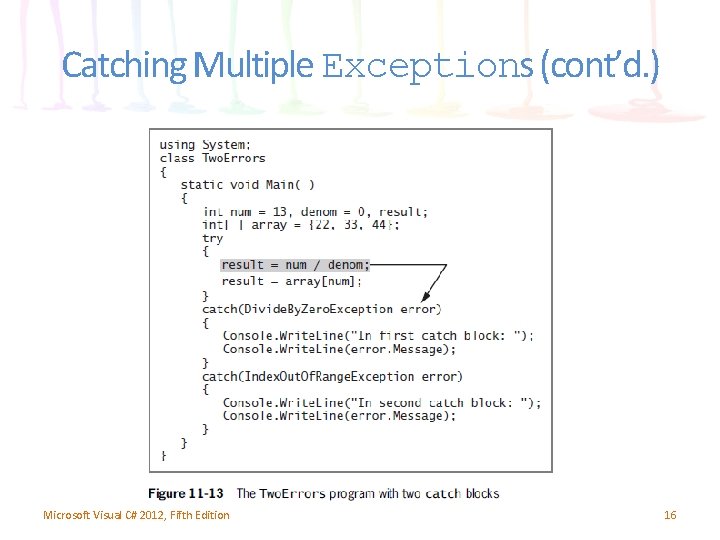 Catching Multiple Exceptions (cont’d. ) Microsoft Visual C# 2012, Fifth Edition 16 