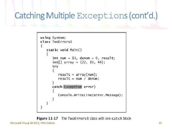 Catching Multiple Exceptions (cont’d. ) Microsoft Visual C# 2012, Fifth Edition 20 