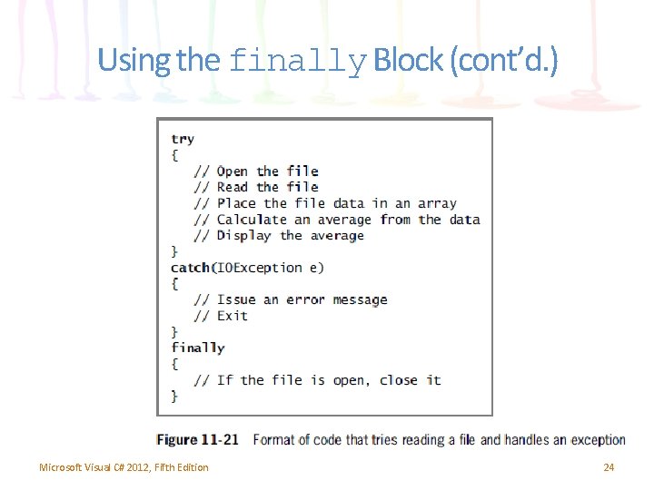 Using the finally Block (cont’d. ) Microsoft Visual C# 2012, Fifth Edition 24 Using the finally Block (cont’d. ) Microsoft Visual C# 2012, Fifth Edition 24