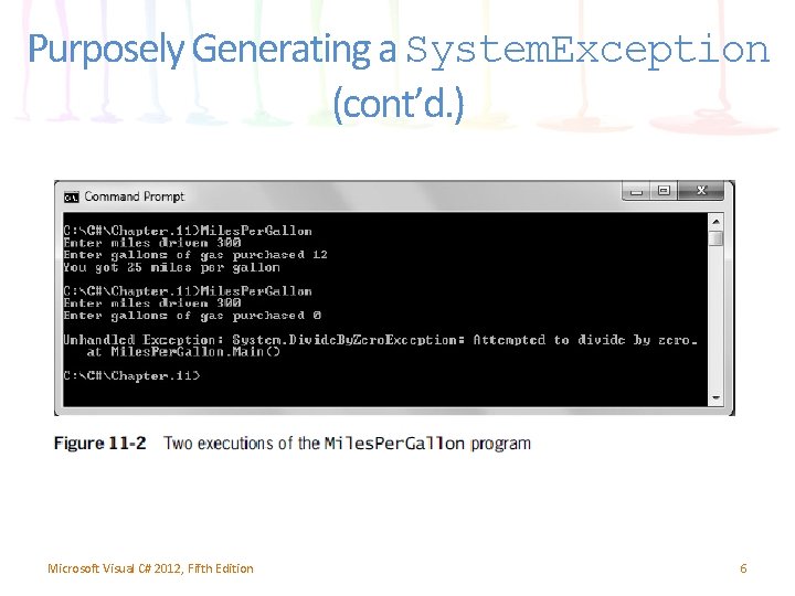 Purposely Generating a System. Exception (cont’d. ) Microsoft Visual C# 2012, Fifth Edition 6