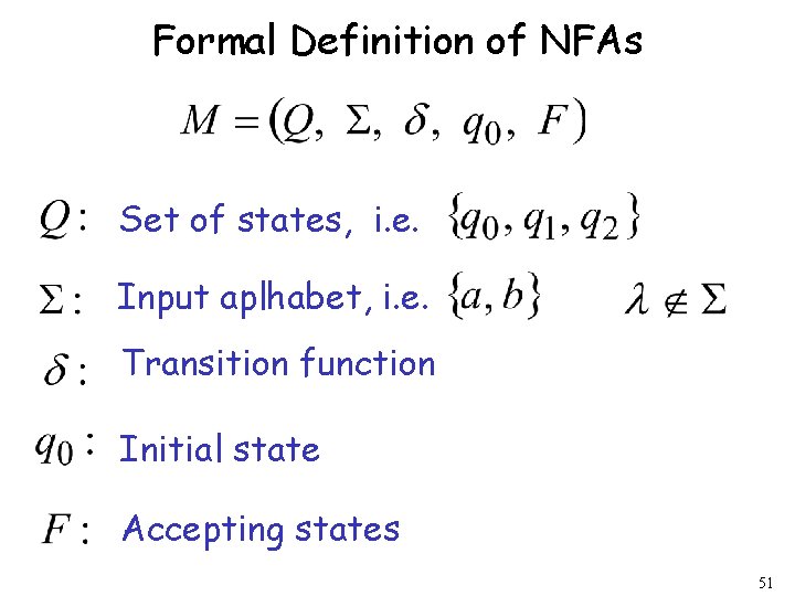 Formal Definition of NFAs Set of states, i. e. Input aplhabet, i. e. Transition