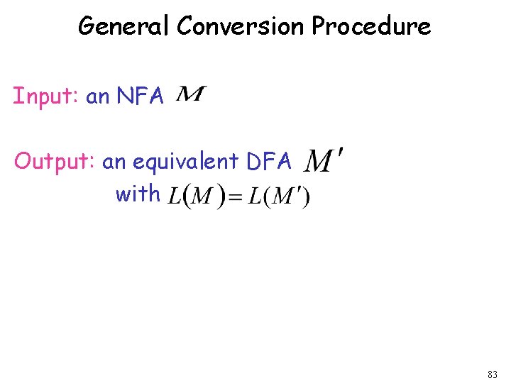 General Conversion Procedure Input: an NFA Output: an equivalent DFA with 83 