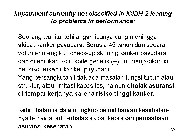 Impairment currently not classified in ICIDH-2 leading to problems in performance: Seorang wanita kehilangan