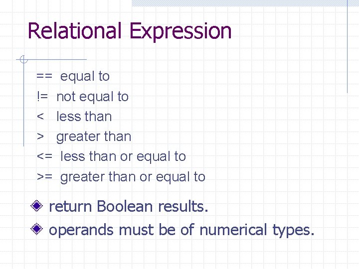 Relational Expression == equal to != not equal to < less than > greater