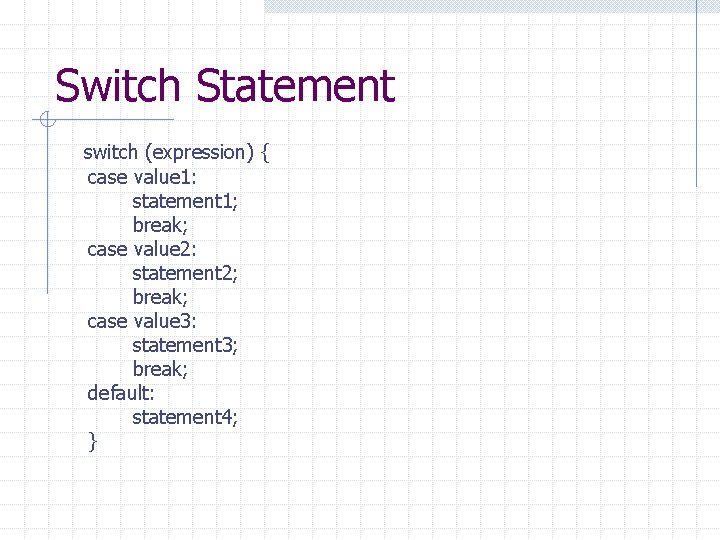 Switch Statement switch (expression) { case value 1: statement 1; break; case value 2: