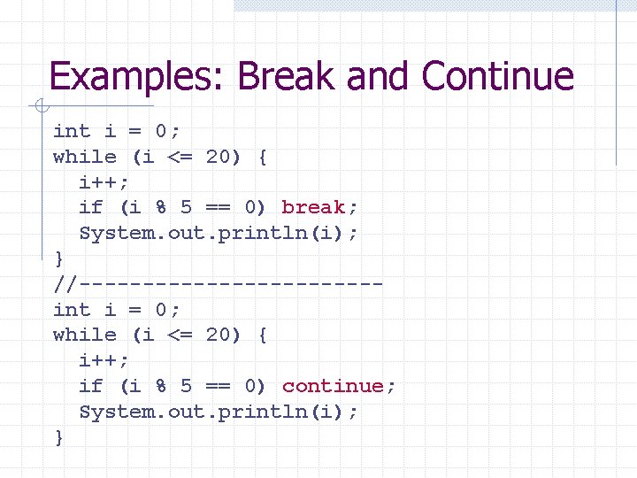 Examples: Break and Continue int i = 0; while (i <= 20) { i++;