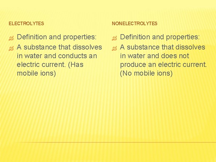 ELECTROLYTES Definition and properties: A substance that dissolves in water and conducts an electric