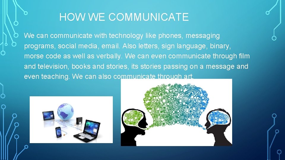 HOW WE COMMUNICATE We can communicate with technology like phones, messaging programs, social media, HOW WE COMMUNICATE We can communicate with technology like phones, messaging programs, social media,
