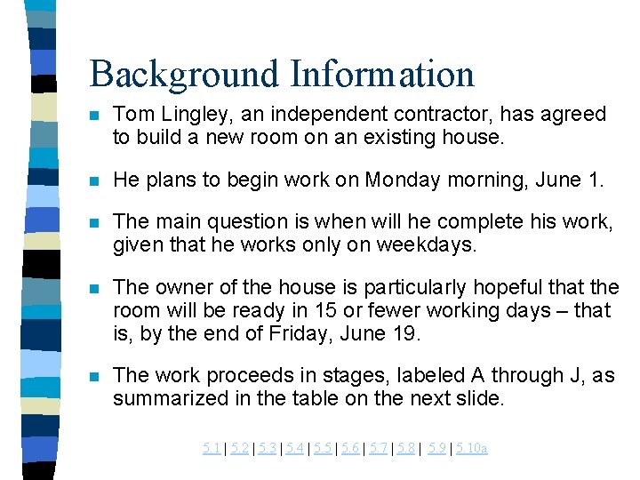 Example 5 10 Project Scheduling Models Background Information