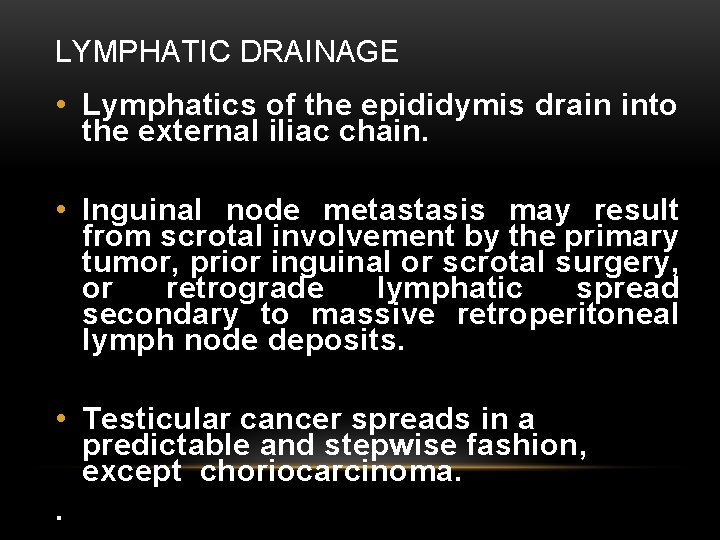 LYMPHATIC DRAINAGE • Lymphatics of the epididymis drain into the external iliac chain. •