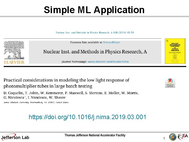 Simple ML Application https: //doi. org/10. 1016/j. nima. 2019. 03. 001 1 