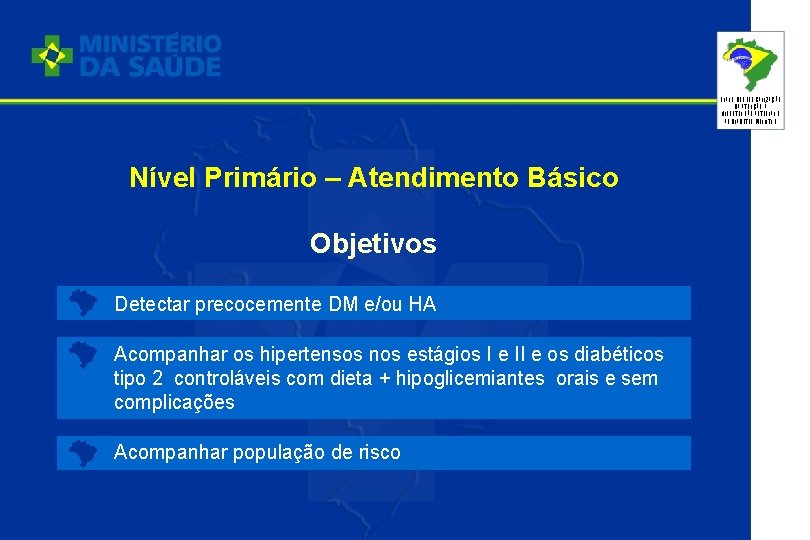 PLANO DE REORGANIZAÇÃO DA ATENÇÃO À HIPERTENSÃO ARTERIAL E AO DIABETES MELLITUS Nível Primário