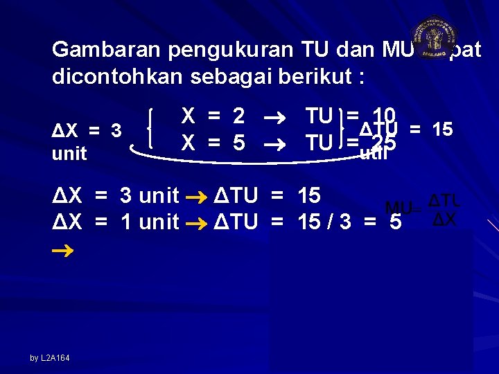 Gambaran pengukuran TU dan MU dapat dicontohkan sebagai berikut : ΔX = 3 unit