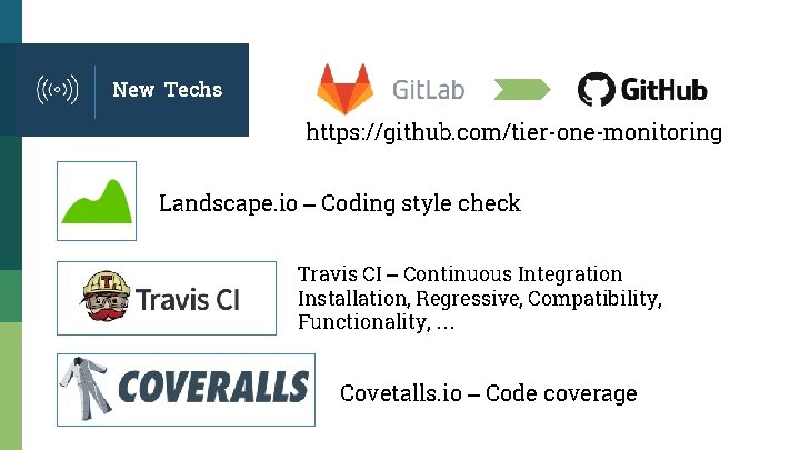 New Techs https: //github. com/tier-one-monitoring Landscape. io – Coding style check Travis CI –