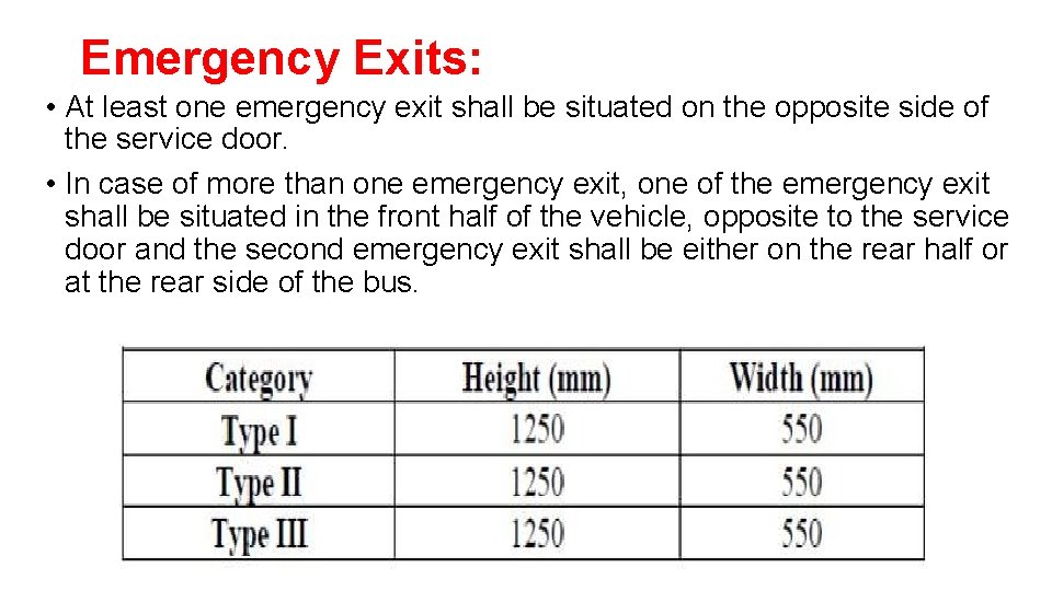 Emergency Exits: • At least one emergency exit shall be situated on the opposite