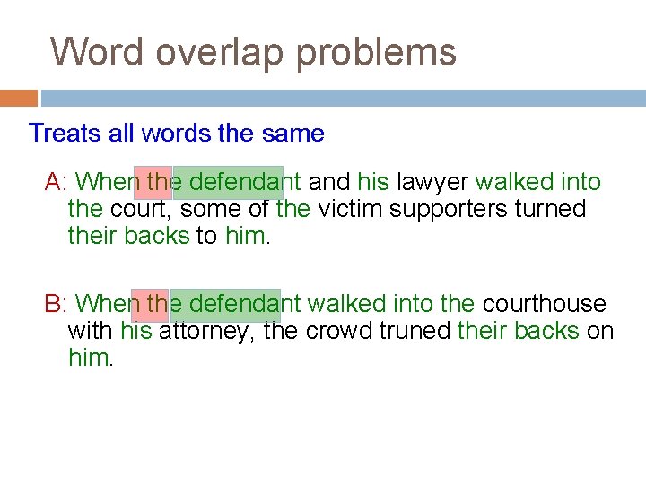 Word overlap problems Treats all words the same A: When the defendant and his