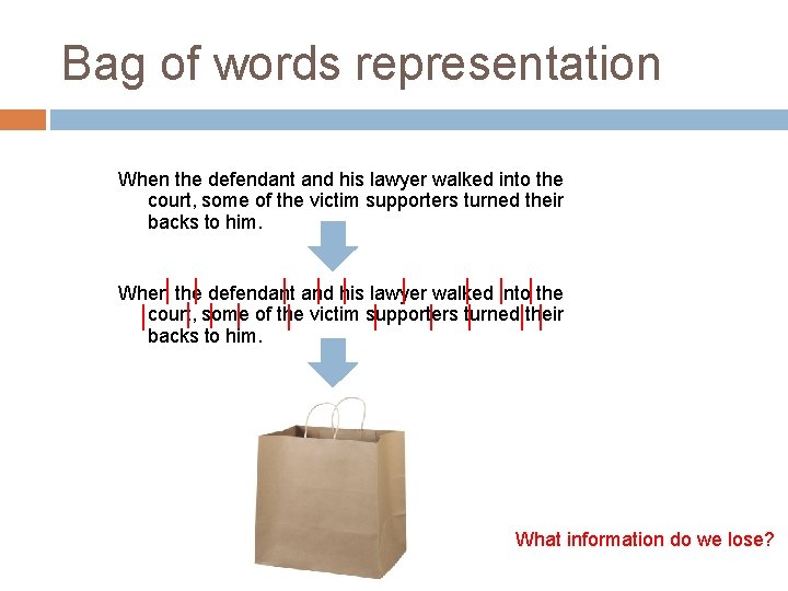 Bag of words representation When the defendant and his lawyer walked into the court,