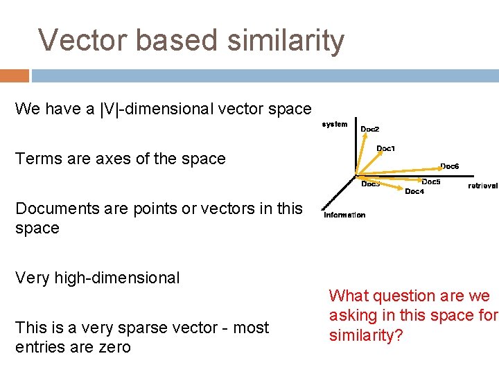 Vector based similarity We have a |V|-dimensional vector space Terms are axes of the
