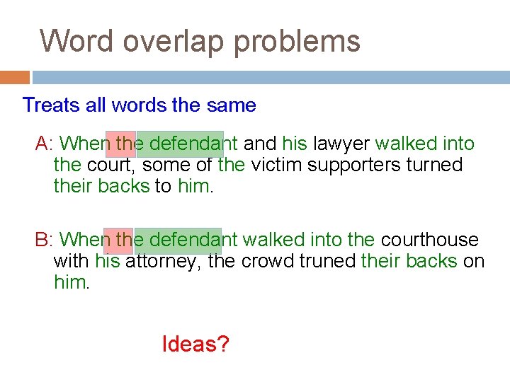 Word overlap problems Treats all words the same A: When the defendant and his
