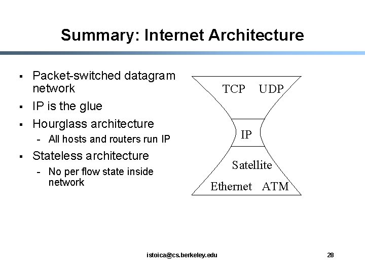 Summary: Internet Architecture § § § Packet-switched datagram network IP is the glue Hourglass