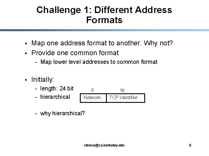 Challenge 1: Different Address Formats § § Map one address format to another. Why