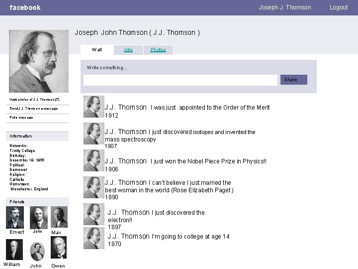 facebook Joseph J. Thomson Joseph John Thomson ( J. J. Thomson ) Wall Info