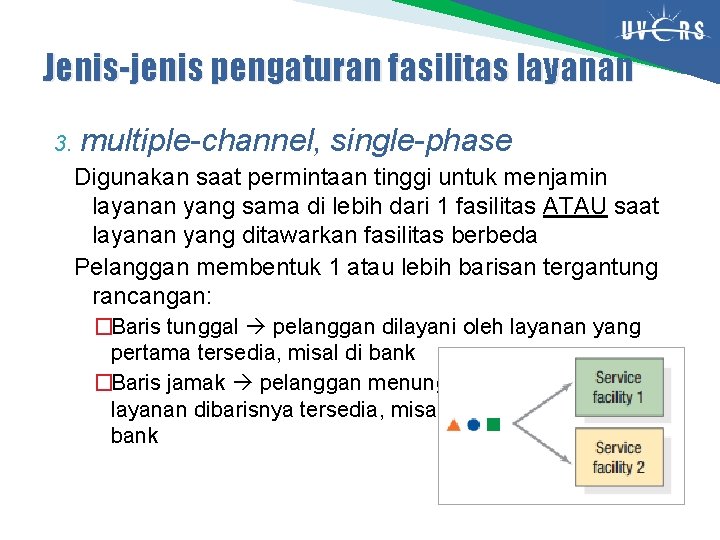 Jenis-jenis pengaturan fasilitas layanan 3. multiple-channel, single-phase Digunakan saat permintaan tinggi untuk menjamin layanan