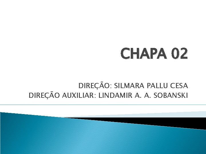 CHAPA 02 DIREÇÃO: SILMARA PALLU CESA DIREÇÃO AUXILIAR: LINDAMIR A. A. SOBANSKI 