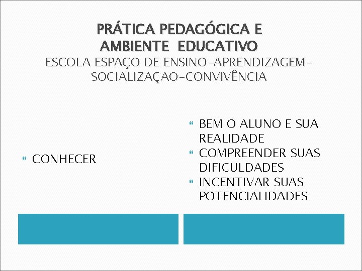 PRÁTICA PEDAGÓGICA E AMBIENTE EDUCATIVO ESCOLA ESPAÇO DE ENSINO-APRENDIZAGEMSOCIALIZAÇAO-CONVIVÊNCIA CONHECER BEM O ALUNO E