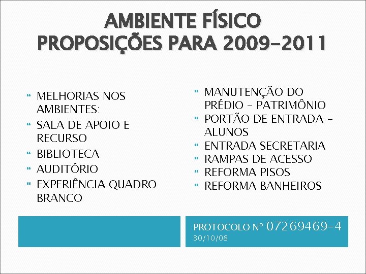 AMBIENTE FÍSICO PROPOSIÇÕES PARA 2009 -2011 MELHORIAS NOS AMBIENTES: SALA DE APOIO E RECURSO