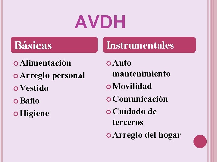 AVDH Básicas Instrumentales Alimentación Auto Arreglo mantenimiento Movilidad Comunicación Cuidado de terceros Arreglo del