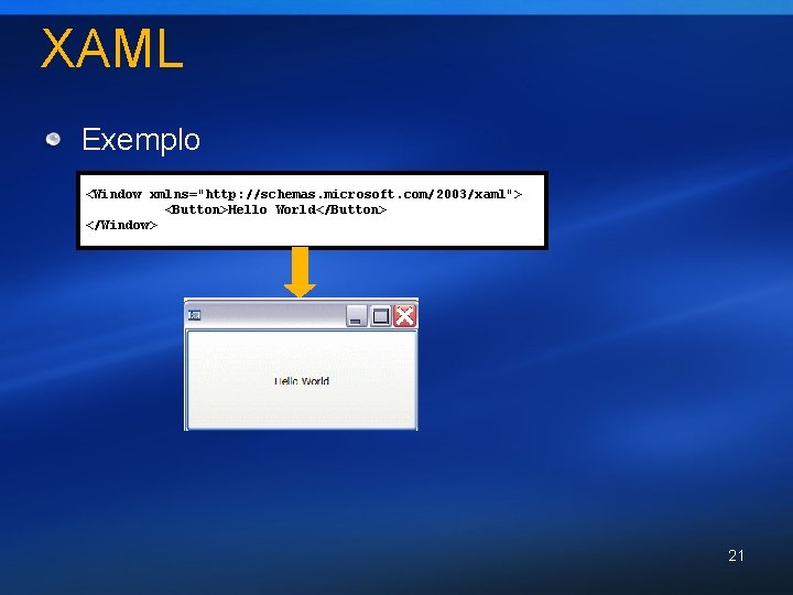 XAML Exemplo <Window xmlns="http: //schemas. microsoft. com/2003/xaml"> <Button>Hello World</Button> </Window> 21 