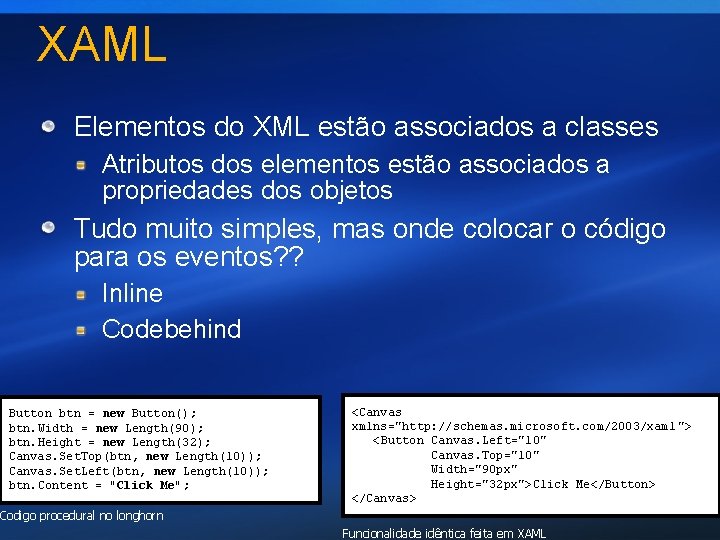 XAML Elementos do XML estão associados a classes Atributos dos elementos estão associados a