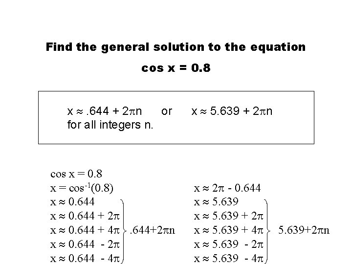 Find the general solution to the equation cos x = 0. 8 x .