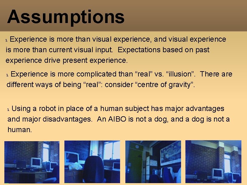 Assumptions Experience is more than visual experience, and visual experience is more than current Assumptions Experience is more than visual experience, and visual experience is more than current