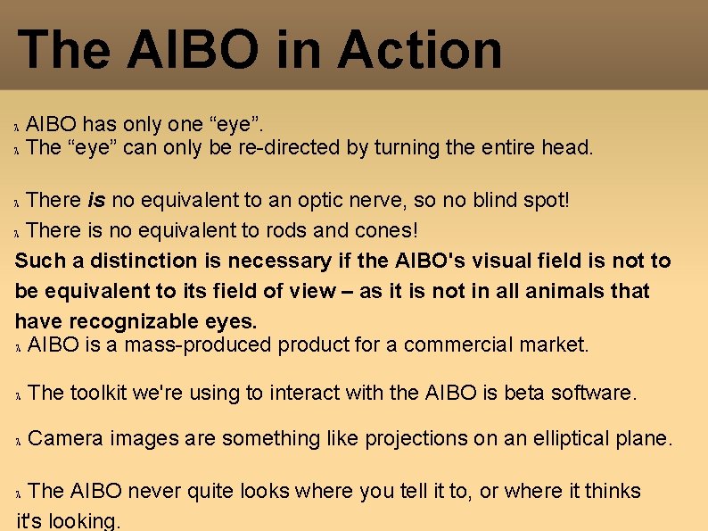 The AIBO in Action AIBO has only one “eye”. The “eye” can only be The AIBO in Action AIBO has only one “eye”. The “eye” can only be