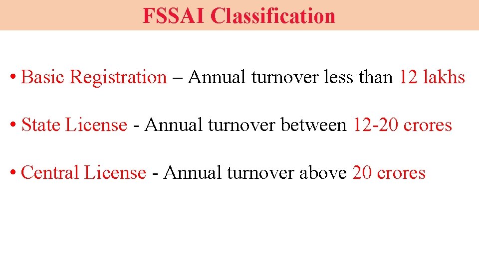 FSSAI Classification • Basic Registration – Annual turnover less than 12 lakhs • State