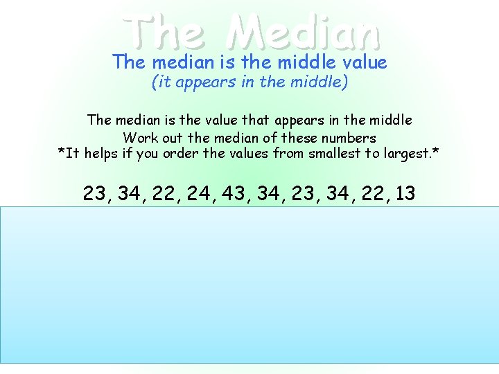 The Median The median is the middle value (it appears in the middle) The