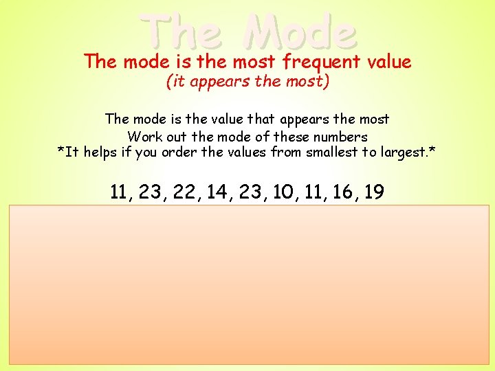 The Mode The mode is the most frequent value (it appears the most) The