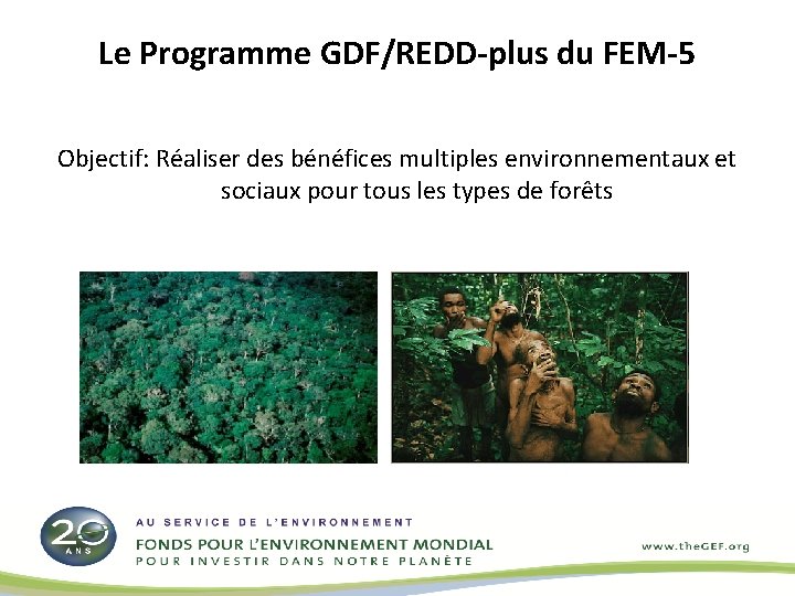 Le Programme GDF/REDD-plus du FEM-5 Objectif: Réaliser des bénéfices multiples environnementaux et sociaux pour