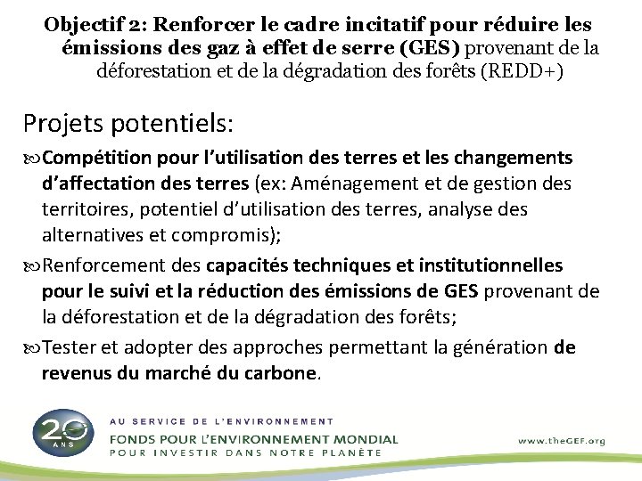 Objectif 2: Renforcer le cadre incitatif pour réduire les émissions des gaz à effet