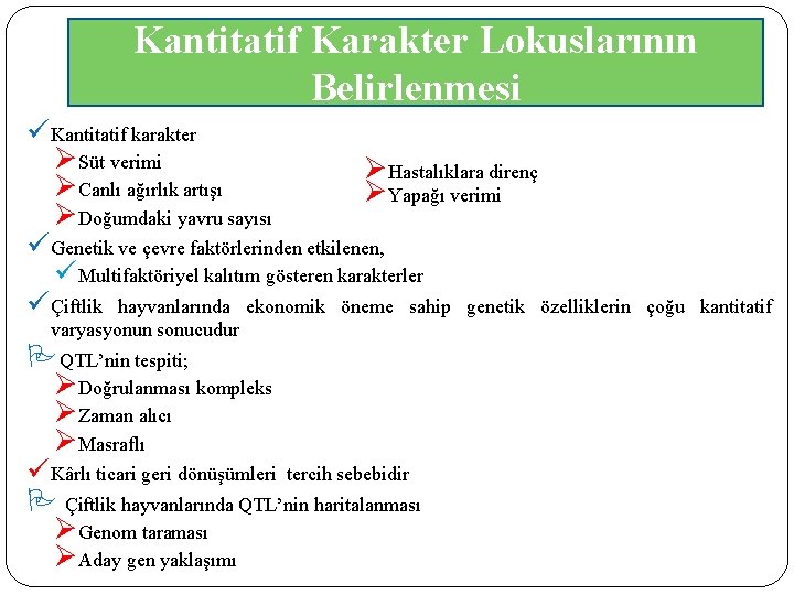 Kantitatif Karakter Lokuslarının Belirlenmesi üKantitatif karakter ØSüt verimi ØHastalıklara direnç ØCanlı ağırlık artışı ØYapağı